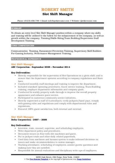 Slot Shift Manager Assistant Job Description .